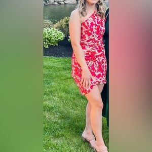Red floral one shoulder mini dress